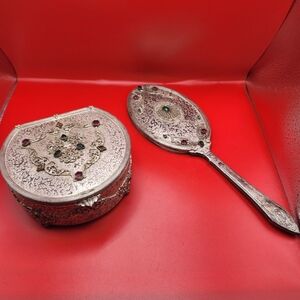 Vintage ormulu antique silver jewels trinket box and mirror